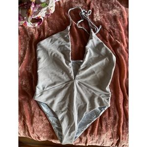 Frankie’s bikinis lily plunging halter ribbed light blue one piece